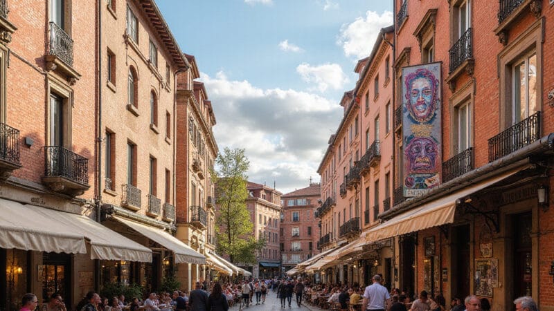 Alt-text : Vue panoramique d’un quartier artistique de Toulouse avec des fresques murales et des galeries d’art.