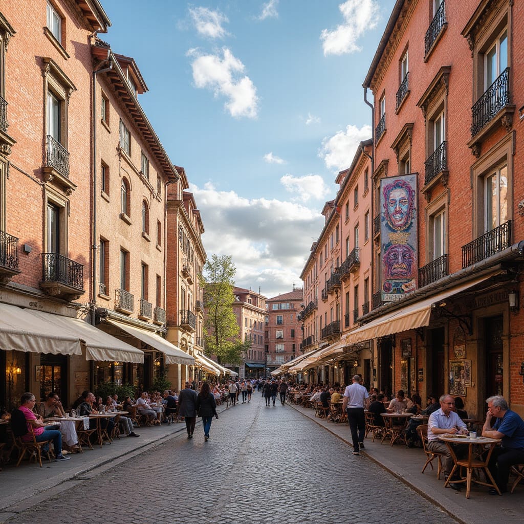 Alt-text : Vue panoramique d’un quartier artistique de Toulouse avec des fresques murales et des galeries d’art.