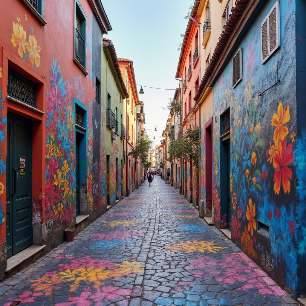 Alt-text : Vue panoramique d’un quartier artistique de Toulouse avec des fresques murales et des galeries d’art.