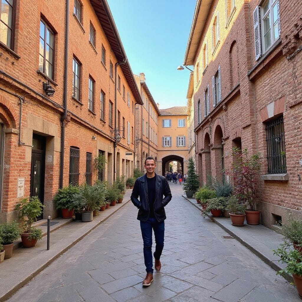 Alt-text : Vue panoramique d’un quartier artistique de Toulouse avec des fresques murales et des galeries d’art.