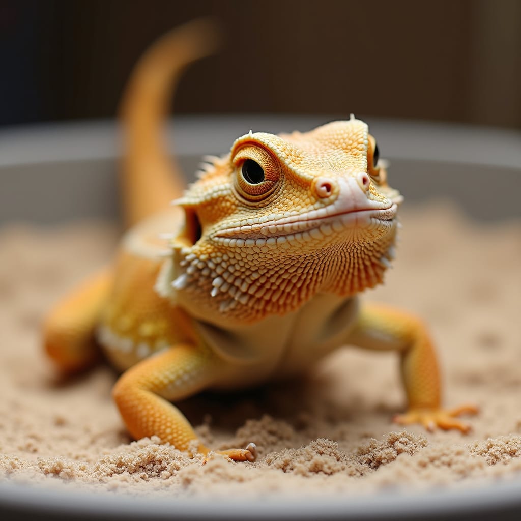 Agame barbu profitant d’un bain de sable dans un récipient adapté, avec une texture de sable fine et naturelle.