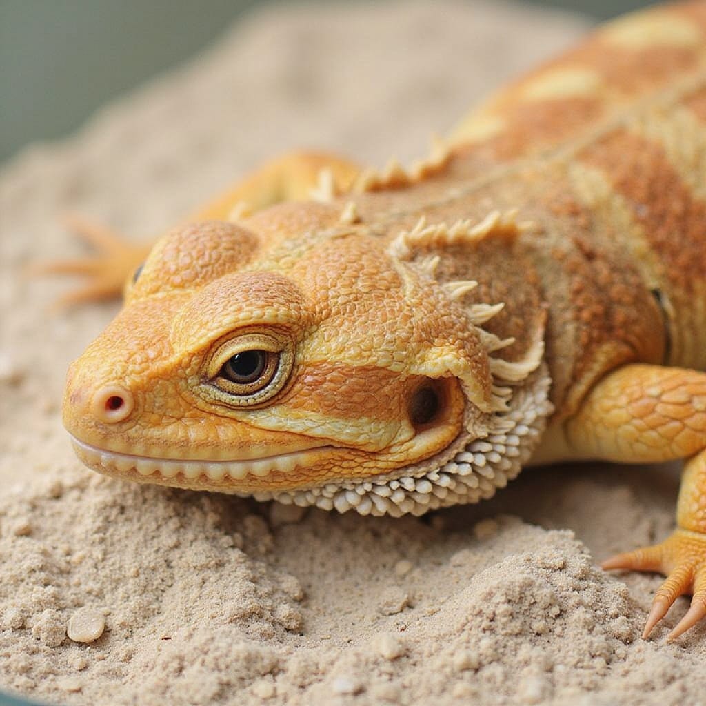 Agame barbu profitant d’un bain de sable dans un récipient adapté, avec une texture de sable fine et naturelle.