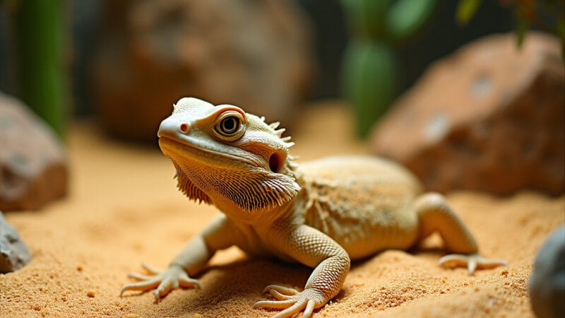 Agame barbu profitant d’un bain de sable dans un récipient adapté, avec une texture de sable fine et naturelle.