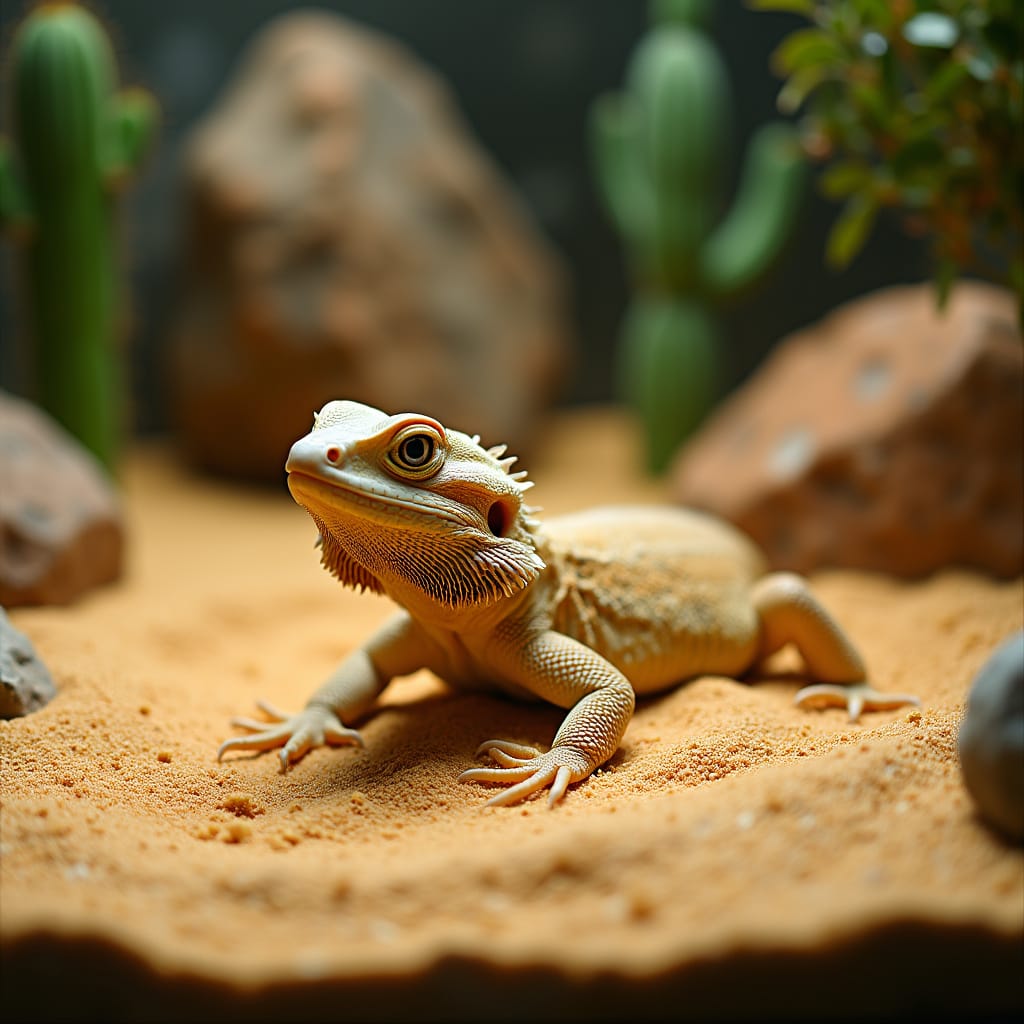 Agame barbu profitant d’un bain de sable dans un récipient adapté, avec une texture de sable fine et naturelle.