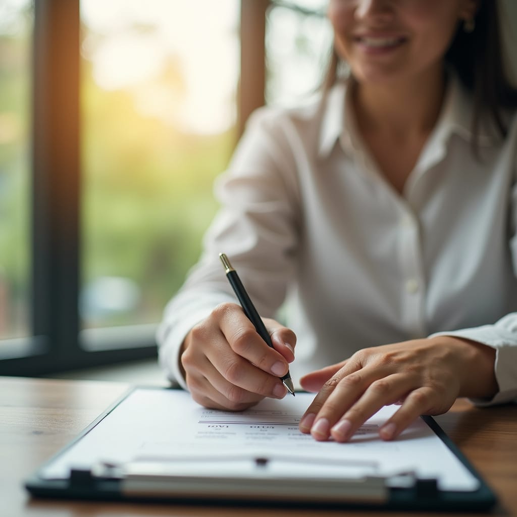 Description alt-text pour une image : Une personne souriante tenant une calculatrice et des documents financiers, symbolisant la renégociation réussie d’un prêt immobilier.
