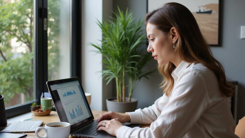 Description alt-text pour une image : Une personne souriante tenant une calculatrice et des documents financiers, symbolisant la renégociation réussie d’un prêt immobilier.