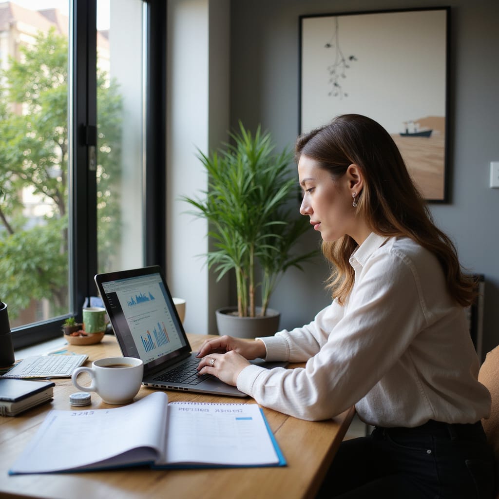 Description alt-text pour une image : Une personne souriante tenant une calculatrice et des documents financiers, symbolisant la renégociation réussie d’un prêt immobilier.