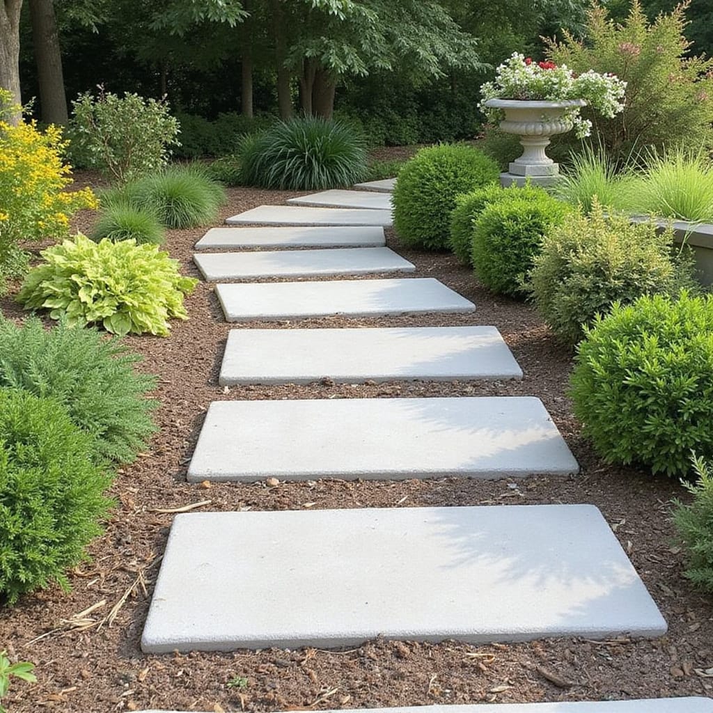 Allée de jardin en dalles de béton bien alignées sur un lit de gravier, prête à être utilisée.