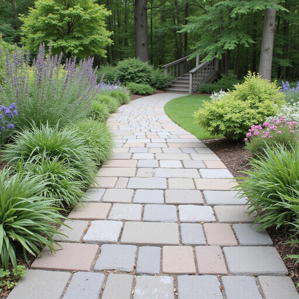 Allée de jardin en dalles de béton bien alignées sur un lit de gravier, prête à être utilisée.