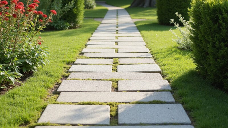 Allée de jardin en dalles de béton bien alignées sur un lit de gravier, prête à être utilisée.