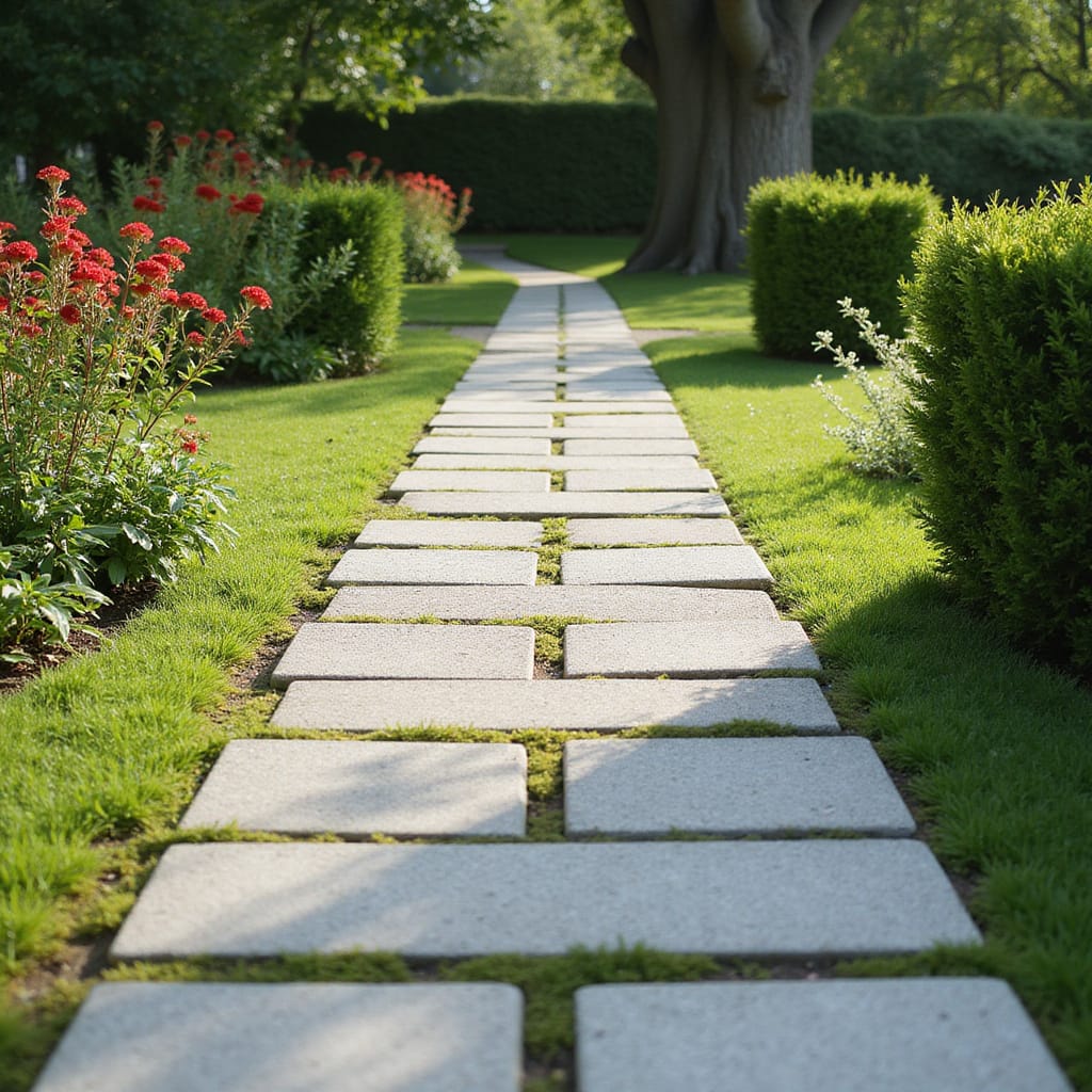 Allée de jardin en dalles de béton bien alignées sur un lit de gravier, prête à être utilisée.