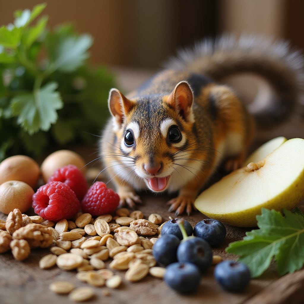 Alt-text : Un écureuil de Sibérie tenant une noisette dans une volière domestique bien aménagée.