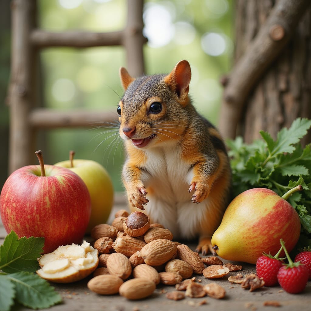 Alt-text : Un écureuil de Sibérie tenant une noisette dans une volière domestique bien aménagée.