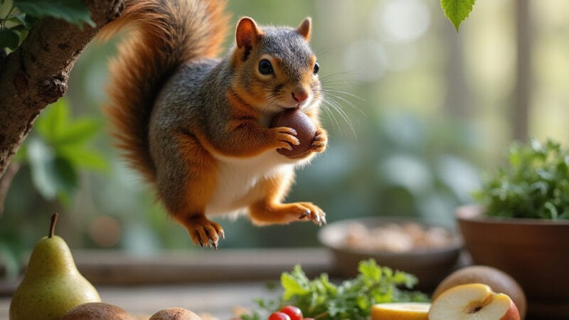 Alt-text : Un écureuil de Sibérie tenant une noisette dans une volière domestique bien aménagée.