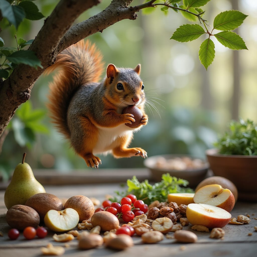 Alt-text : Un écureuil de Sibérie tenant une noisette dans une volière domestique bien aménagée.