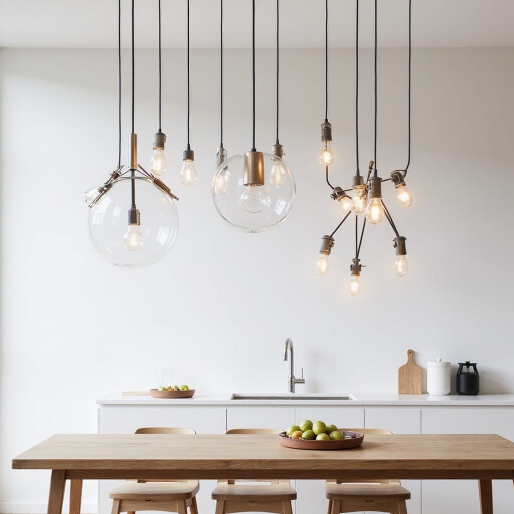 Sélection de lampes suspendues modernes au-dessus d’une table îlot en bois, créant une ambiance chaleureuse et fonctionnelle dans une cuisine contemporaine.