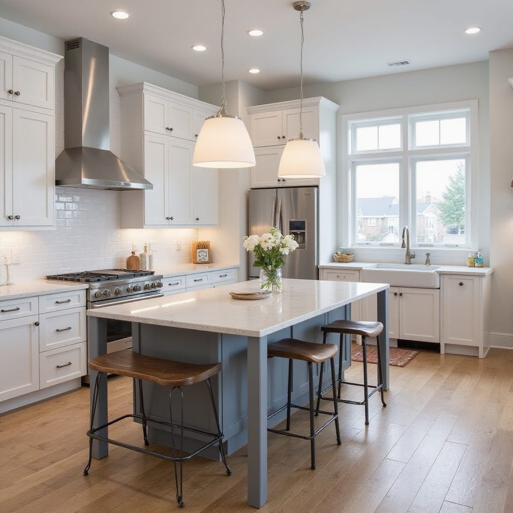Sélection de lampes suspendues modernes au-dessus d’une table îlot en bois, créant une ambiance chaleureuse et fonctionnelle dans une cuisine contemporaine.