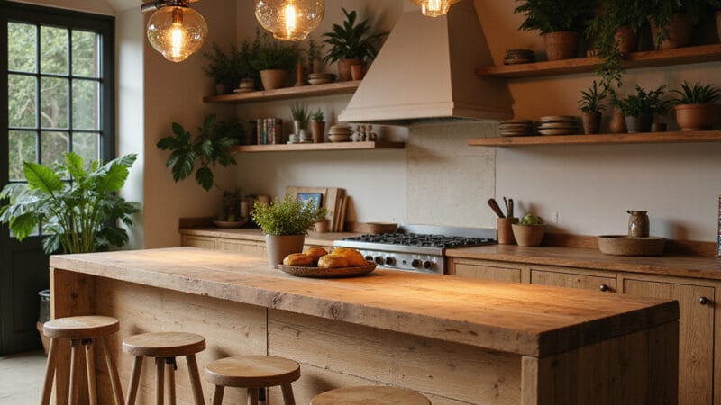 Sélection de lampes suspendues modernes au-dessus d’une table îlot en bois, créant une ambiance chaleureuse et fonctionnelle dans une cuisine contemporaine.