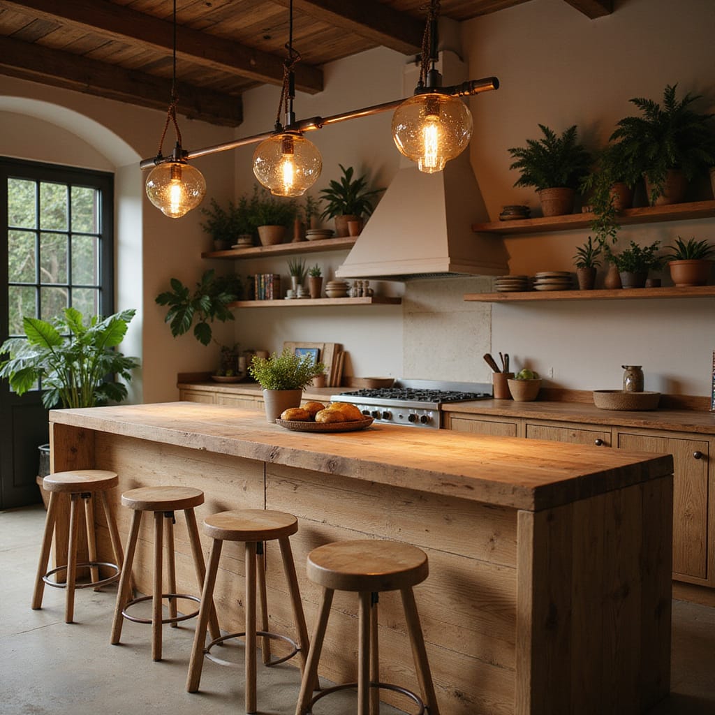 Sélection de lampes suspendues modernes au-dessus d’une table îlot en bois, créant une ambiance chaleureuse et fonctionnelle dans une cuisine contemporaine.