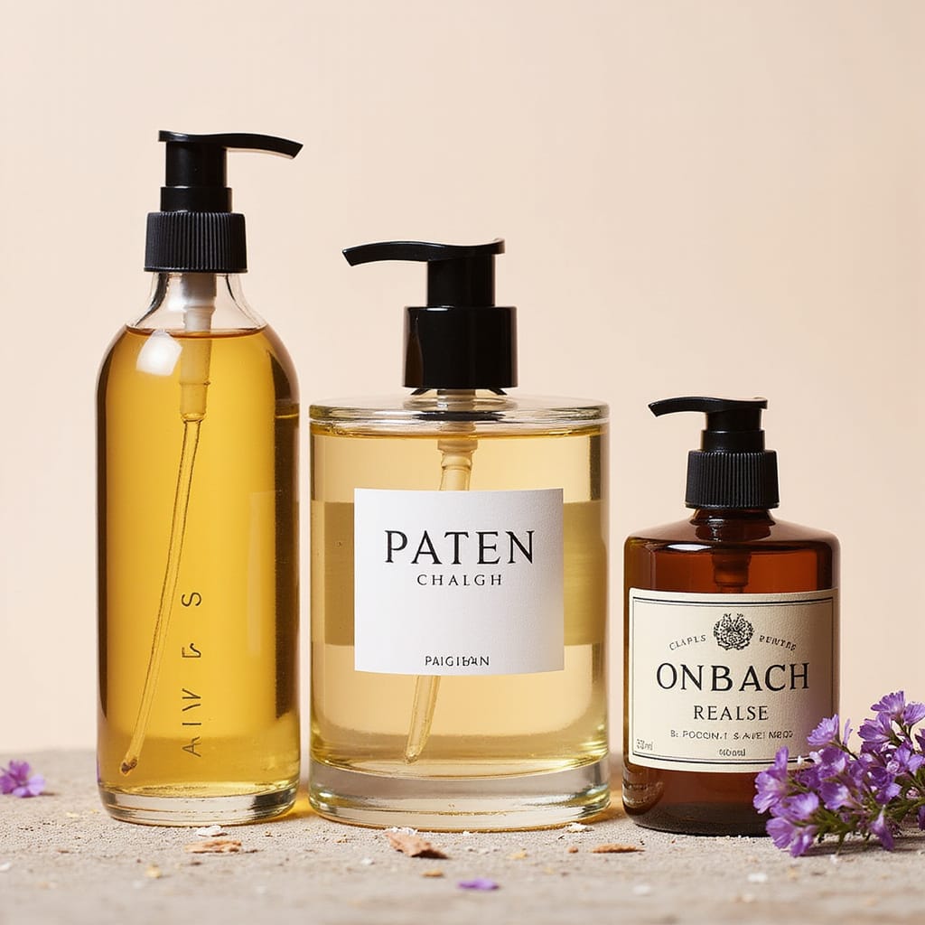 Une bouteille de shampoing sans parfum posée sur une étagère en bois, avec une serviette et un flacon dhuile essentielle à côté.