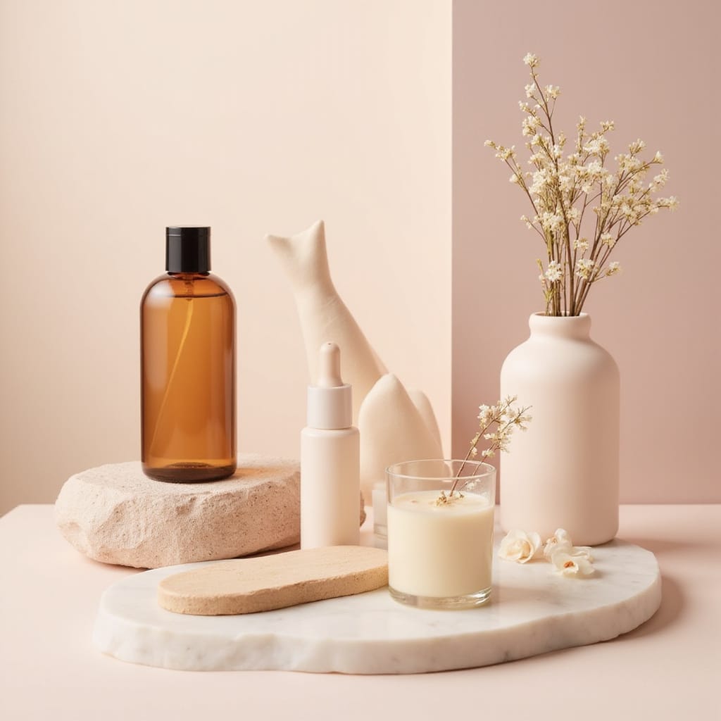 Une bouteille de shampoing sans parfum posée sur une étagère en bois, avec une serviette et un flacon dhuile essentielle à côté.