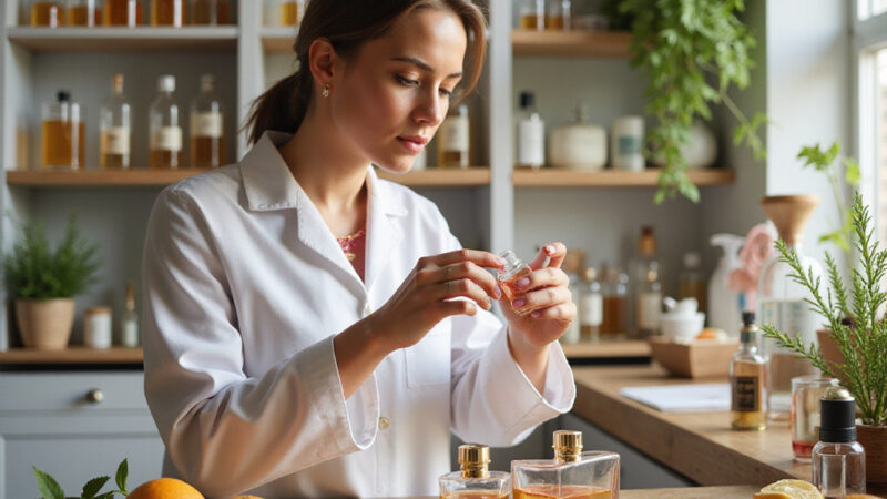Une bouteille de shampoing sans parfum posée sur une étagère en bois, avec une serviette et un flacon dhuile essentielle à côté.