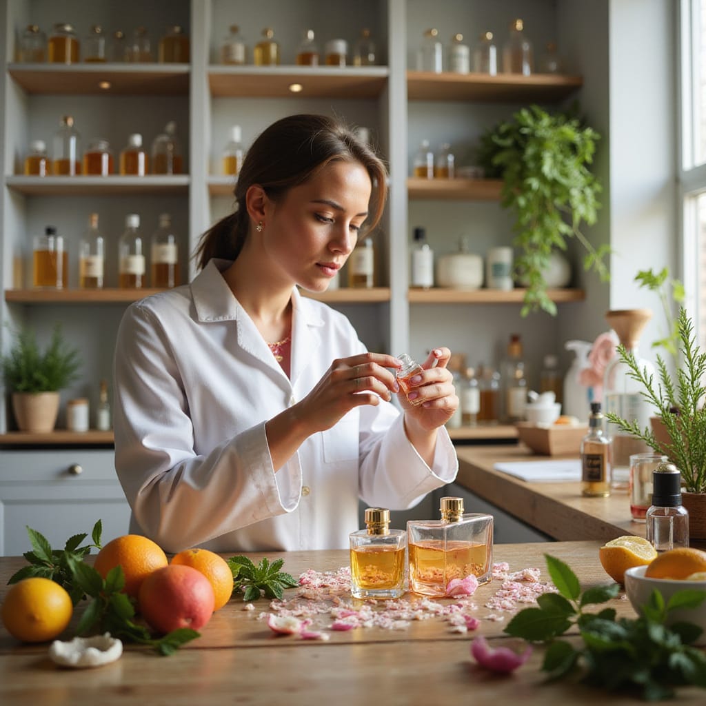 Une bouteille de shampoing sans parfum posée sur une étagère en bois, avec une serviette et un flacon dhuile essentielle à côté.