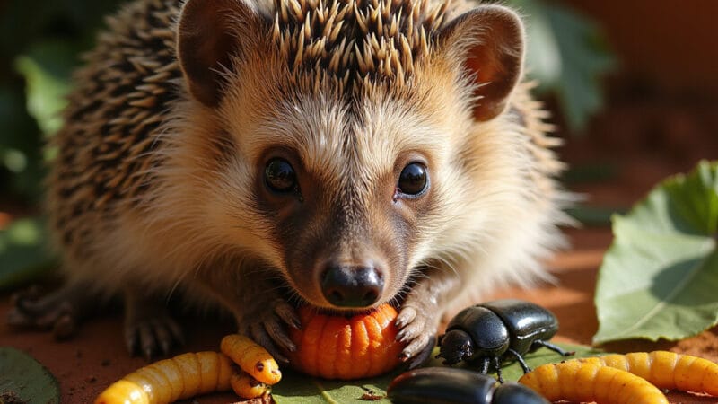 Alt-text : Un hérisson africain mangeant des grillons dans une coupelle, illustration d’une alimentation équilibrée.