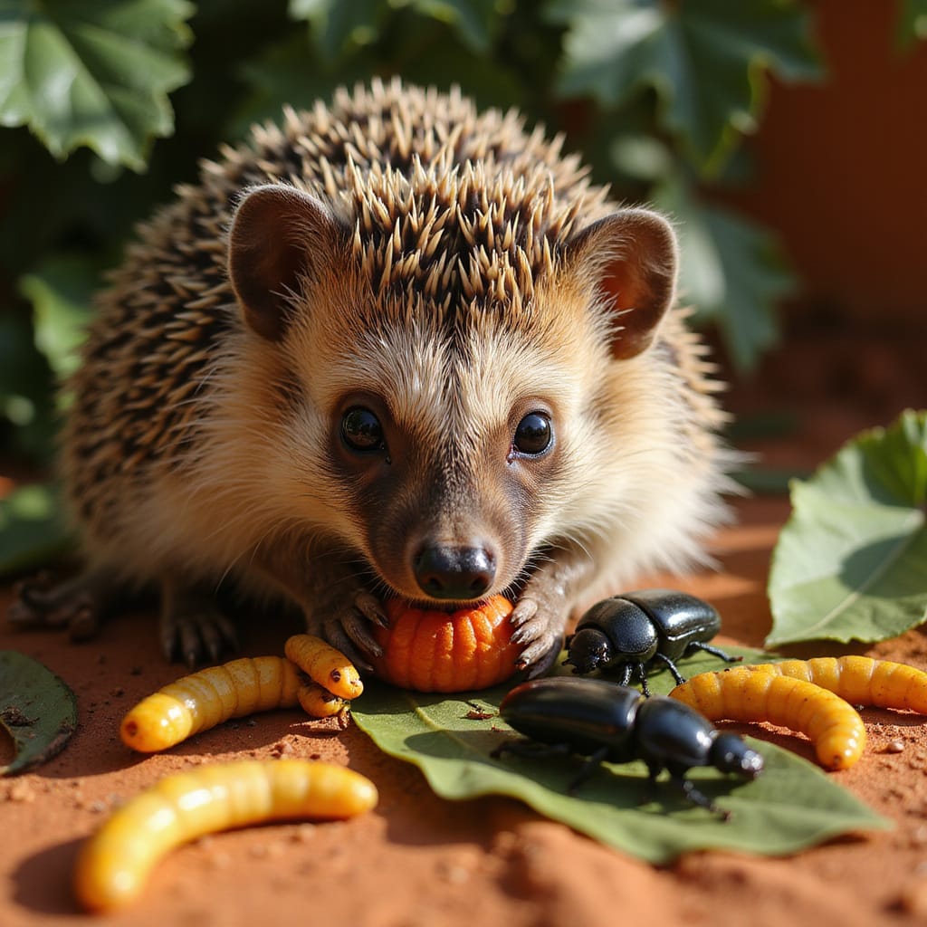 Alt-text : Un hérisson africain mangeant des grillons dans une coupelle, illustration d’une alimentation équilibrée.