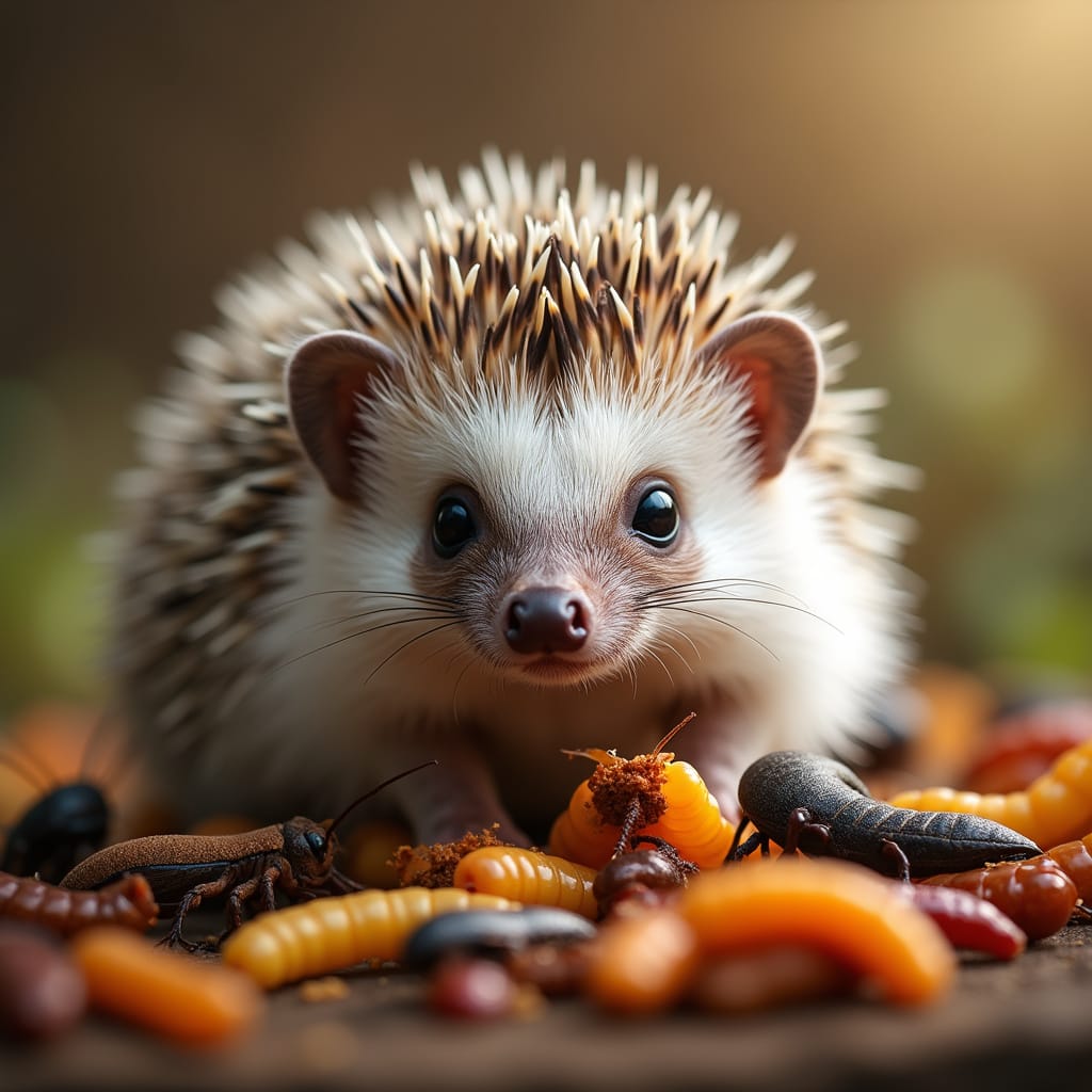 Alt-text : Un hérisson africain mangeant des grillons dans une coupelle, illustration d’une alimentation équilibrée.