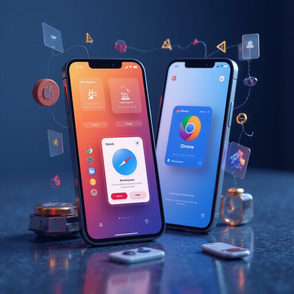 Un utilisateur basculant entre ses comptes Google professionnel et personnel sur Chrome pour iOS, avec une interface intuitive et sécurisée.