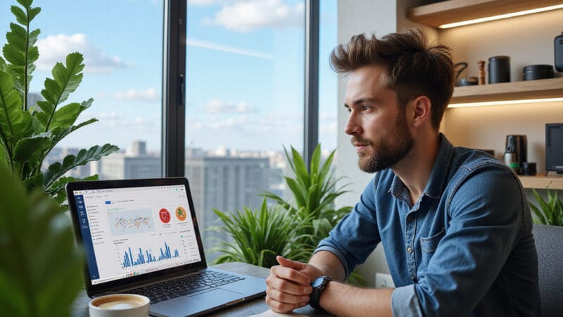 Alt-text : Une personne travaillant sur un ordinateur portable pour gérer une boutique en ligne de dropshipping, avec des boîtes de produits à l’arrière-plan.