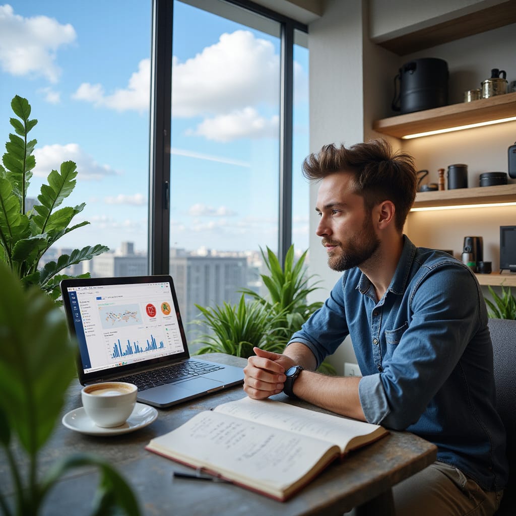 Alt-text : Une personne travaillant sur un ordinateur portable pour gérer une boutique en ligne de dropshipping, avec des boîtes de produits à l’arrière-plan.