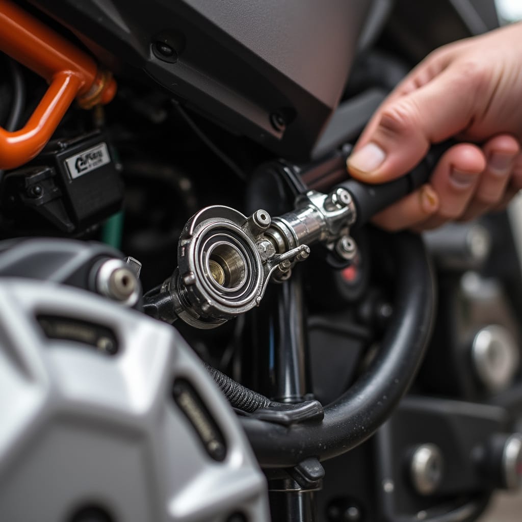 Alt-text : Photo montrant un mécanicien purgeant l’embrayage hydraulique d’une moto avec un tuyau de purge et un récipient.