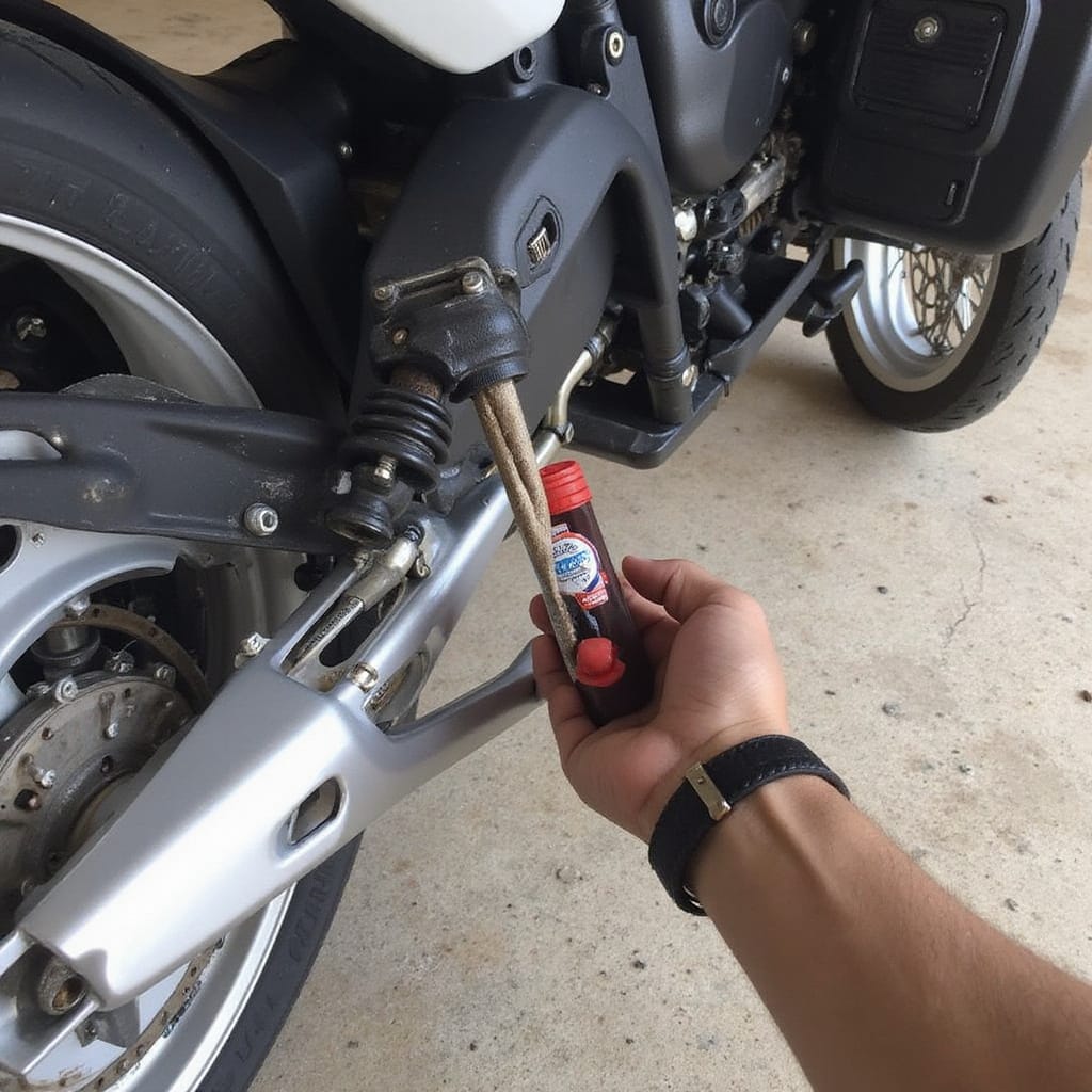 Alt-text : Photo montrant un mécanicien purgeant l’embrayage hydraulique d’une moto avec un tuyau de purge et un récipient.