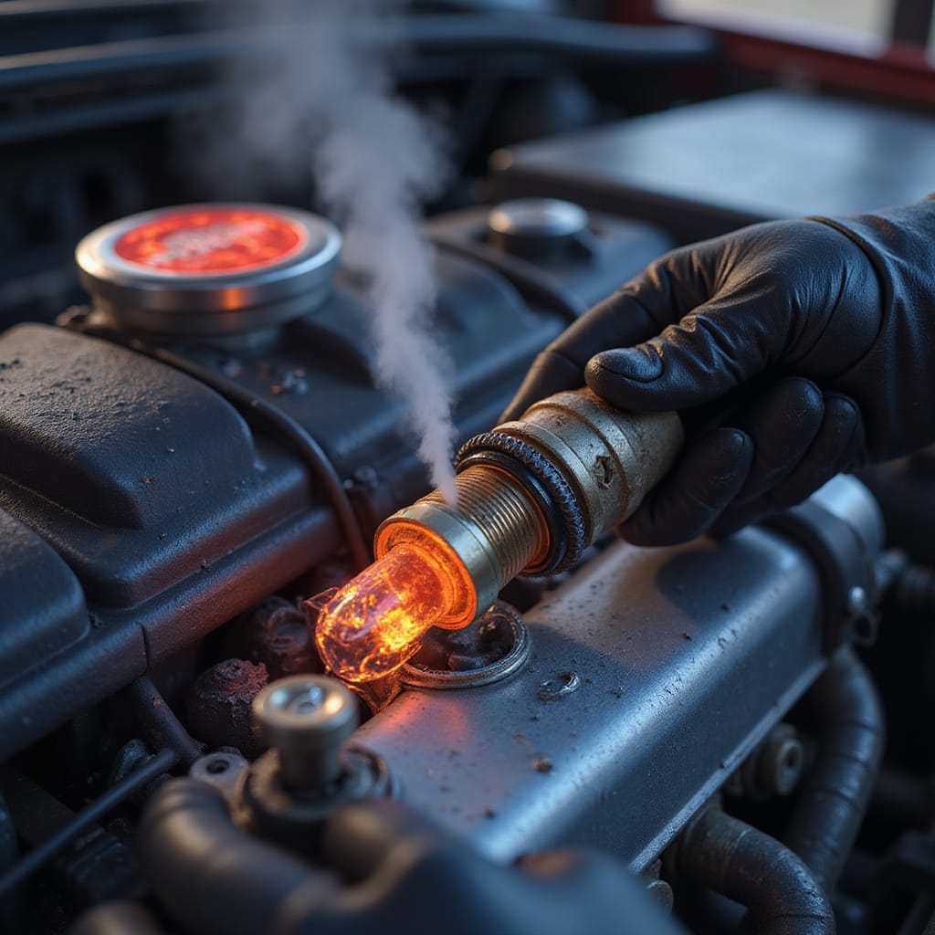 Alt-text : Un mécanicien remplace le capteur de température du liquide de refroidissement dans un moteur de voiture.