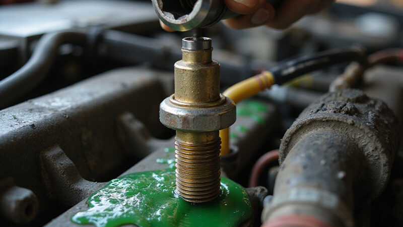 Alt-text : Un mécanicien remplace le capteur de température du liquide de refroidissement dans un moteur de voiture.