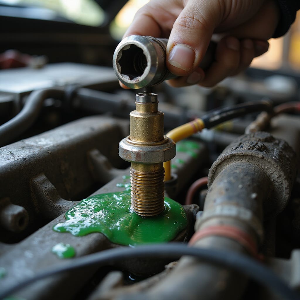 Alt-text : Un mécanicien remplace le capteur de température du liquide de refroidissement dans un moteur de voiture.