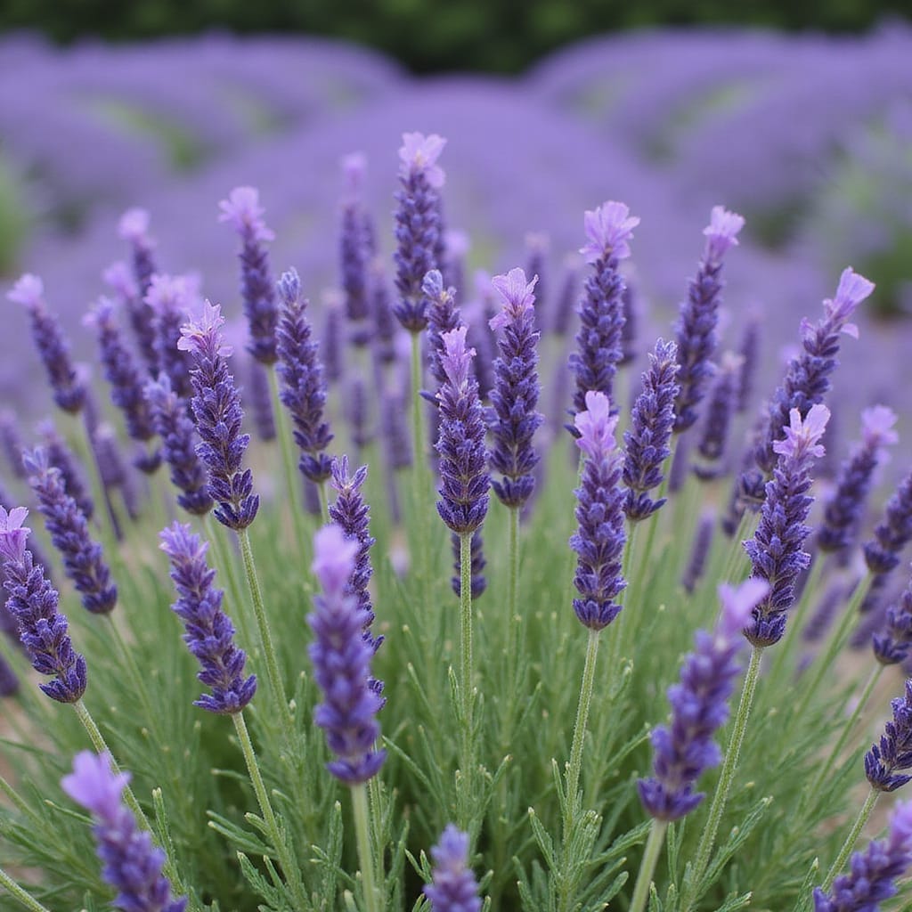 Image dune lavande bien taillée dans un jardin ensoleillé, montrant des tiges coupées net et une plante compacte et saine.
