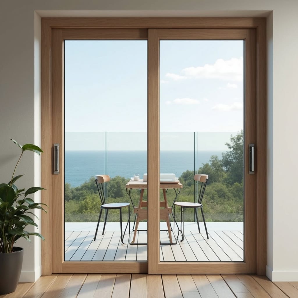 Image de deux types de portes de terrasse, l’une coulissante et l’autre combinée, montrant leurs différences de design et de fonctionnalité.