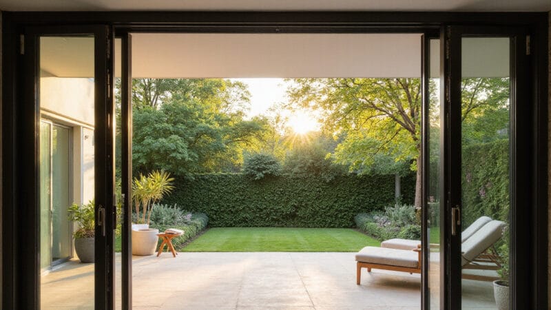 Image de deux types de portes de terrasse, l’une coulissante et l’autre combinée, montrant leurs différences de design et de fonctionnalité.