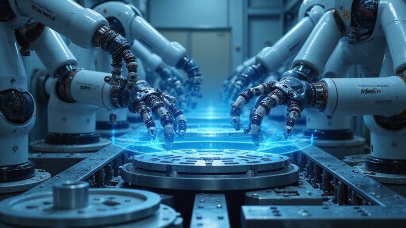 Une usine automatisée d’Hadrian avec des robots en action, produisant des pièces de précision pour l’aérospatial et la défense.