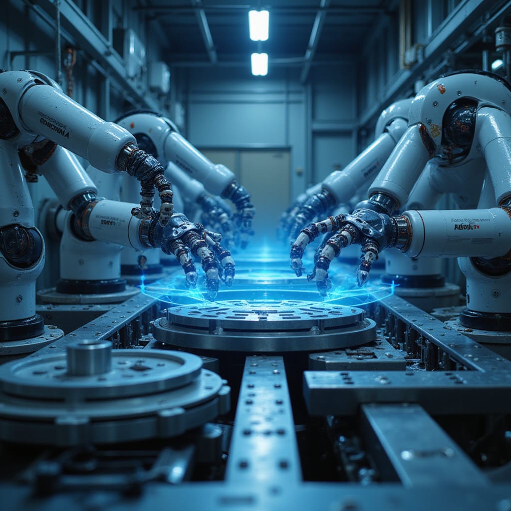 Une usine automatisée d’Hadrian avec des robots en action, produisant des pièces de précision pour l’aérospatial et la défense.