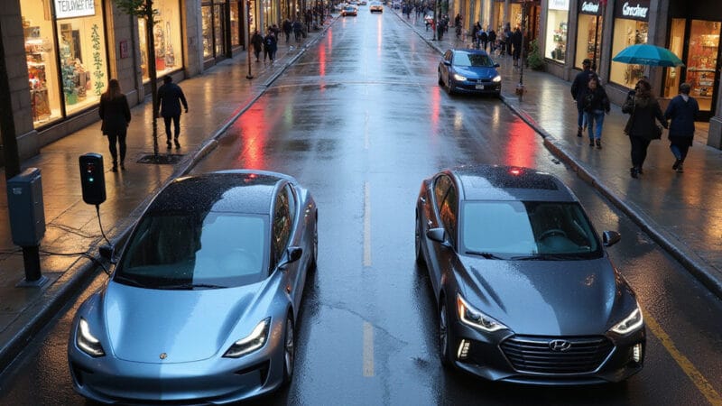 Voiture hybride rechargeable et hybride classique circulant en milieu urbain, illustrant leurs modes de propulsion alternatifs.