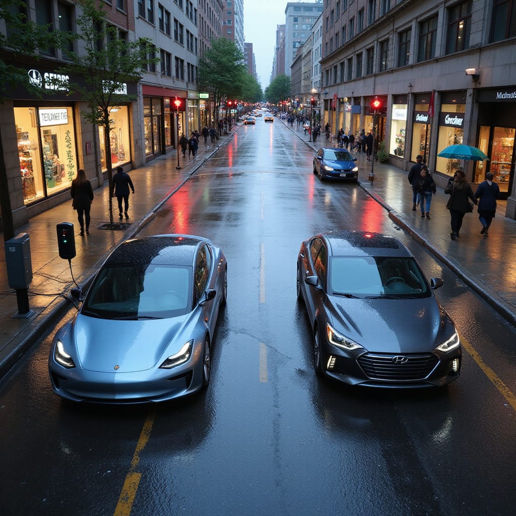 Voiture hybride rechargeable et hybride classique circulant en milieu urbain, illustrant leurs modes de propulsion alternatifs.