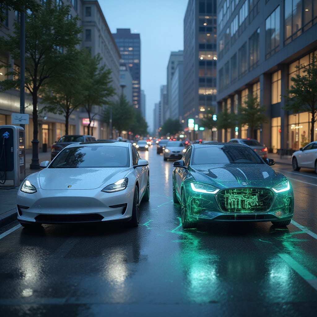 Voiture hybride rechargeable et hybride classique circulant en milieu urbain, illustrant leurs modes de propulsion alternatifs.