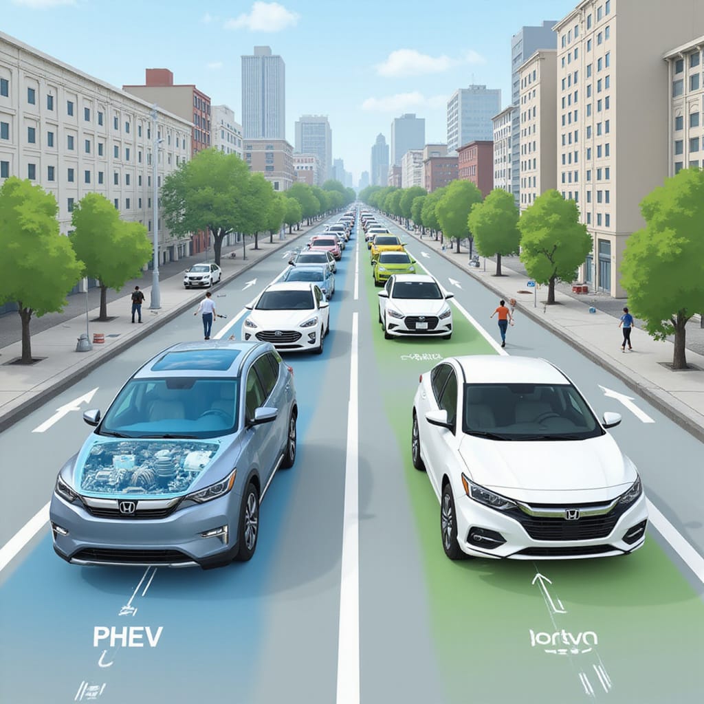 Voiture hybride rechargeable et hybride classique circulant en milieu urbain, illustrant leurs modes de propulsion alternatifs.