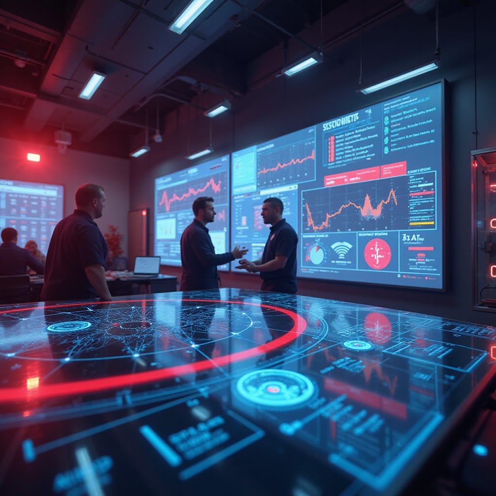 Alt-text for image: Photo dun centre dappels durgence moderne avec opérateurs utilisant des écrans montrant linterface AI de Hyper pour trier les appels entrants, symbolisant linnovation technologique au service des services durgence. ```