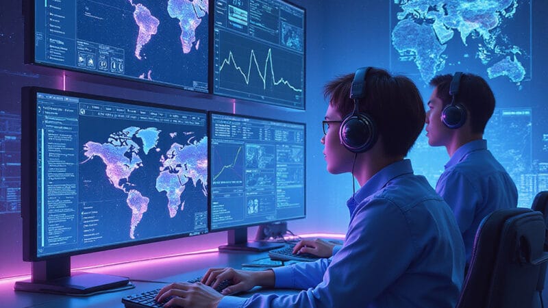 Alt-text for image: Photo dun centre dappels durgence moderne avec opérateurs utilisant des écrans montrant linterface AI de Hyper pour trier les appels entrants, symbolisant linnovation technologique au service des services durgence. ```