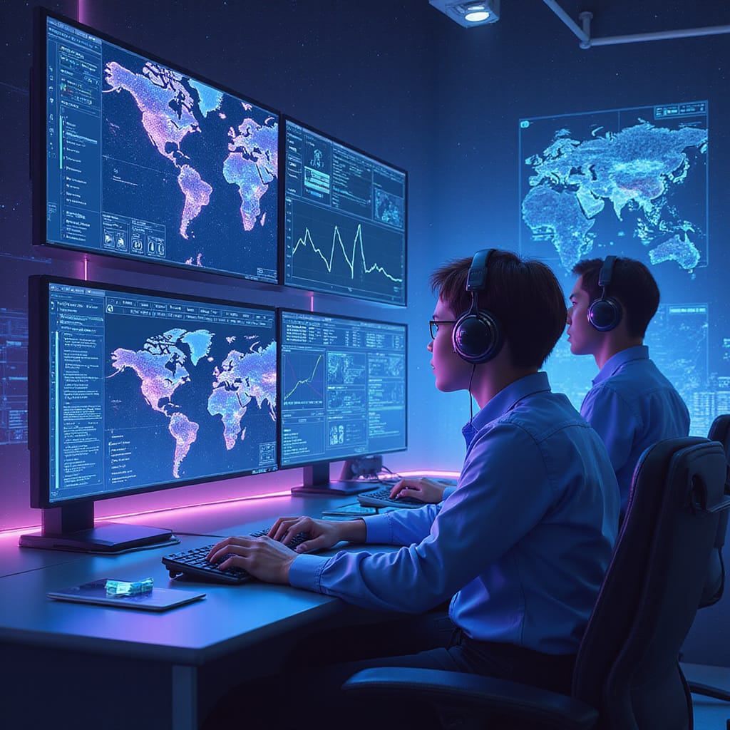 Alt-text for image: Photo dun centre dappels durgence moderne avec opérateurs utilisant des écrans montrant linterface AI de Hyper pour trier les appels entrants, symbolisant linnovation technologique au service des services durgence. ```